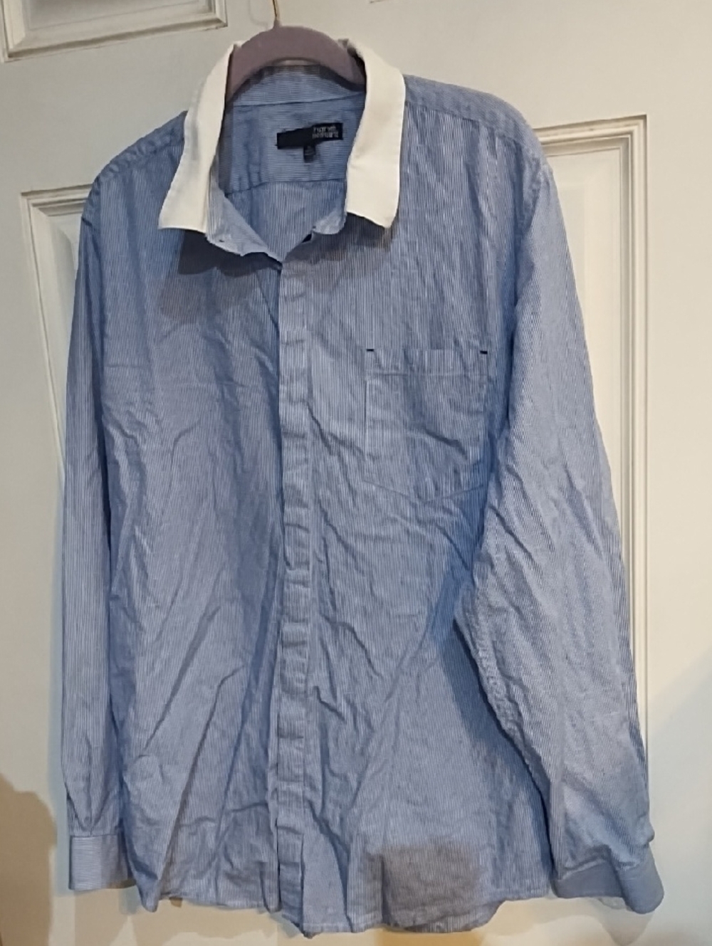 Harve Benard Blue Pinstripe Dress Shirt with White Contrast Collar